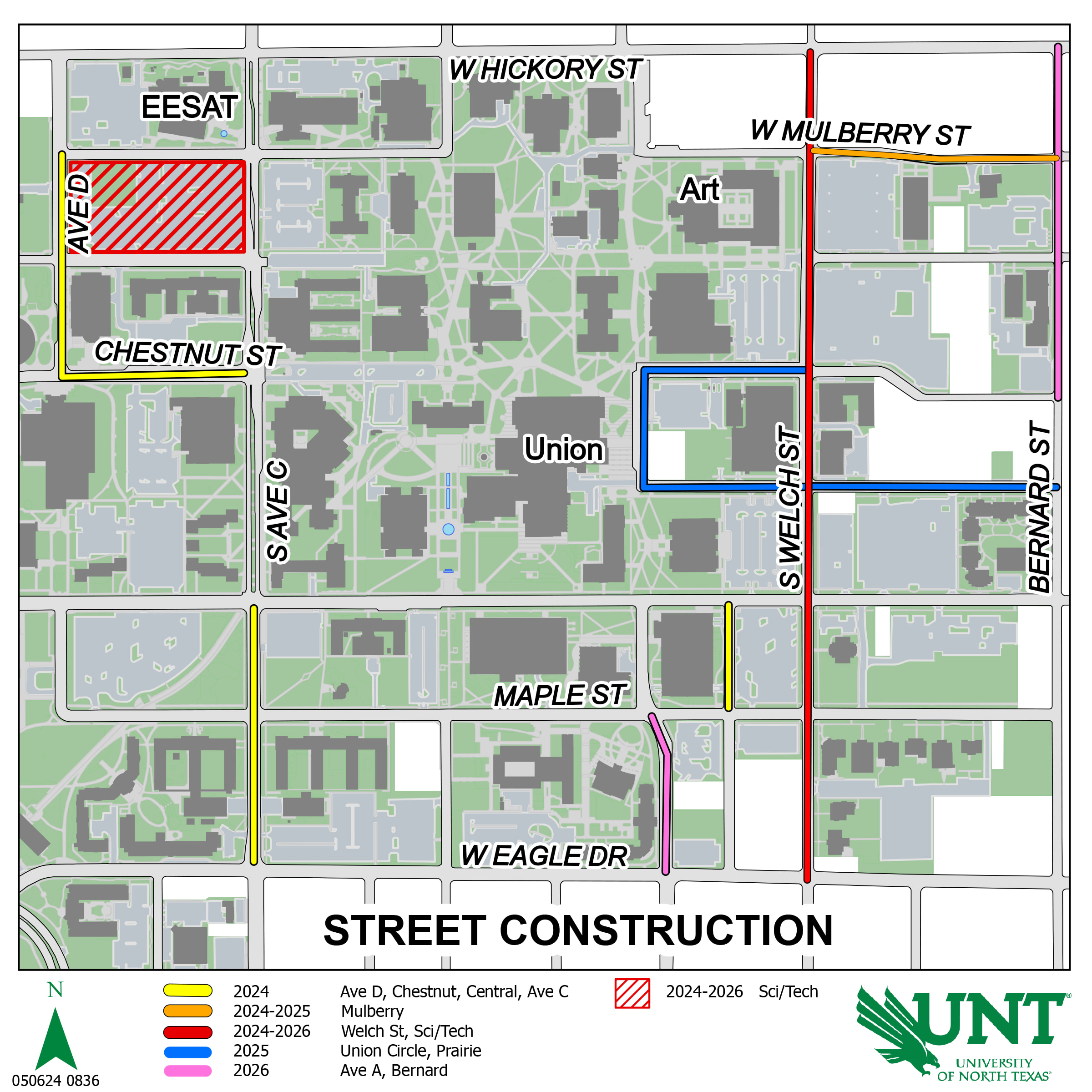 Map depicting City constructin on streets surrounding UNT campus.