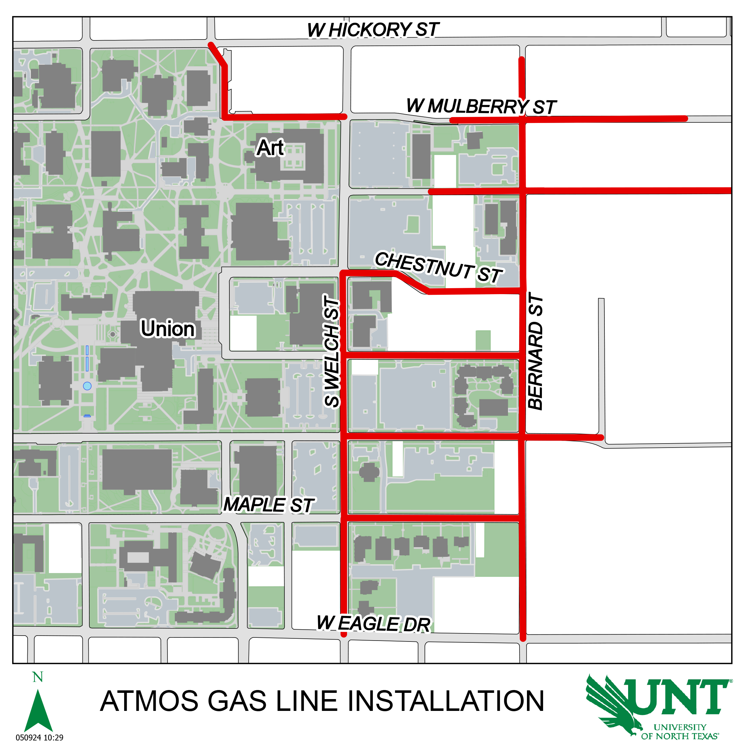 Map of Atmos construction on streets surrounding UNT campus.