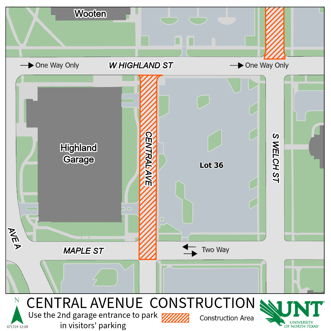 Map showing Central Avenue will be under construction, blocking the entrances to Highland Street Parking Garage and closing the sidewalks on both sides of the road. Lot 36's Maple Street entrance will remain open.