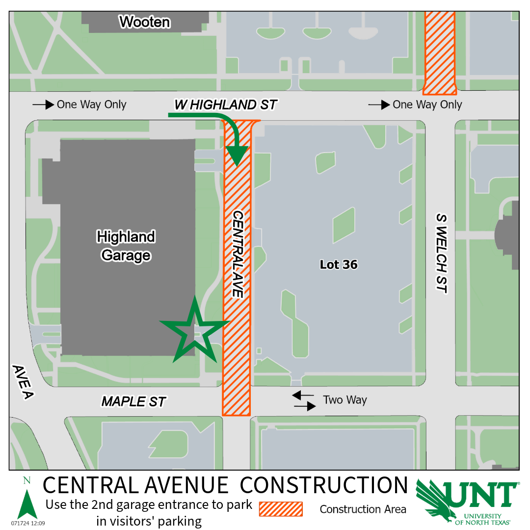 Map showing Central Avenue is under construction. Arrow on Highland Street points south onto Central Ave, indicating it is accessible to traffic, and a star indicates that the 2nd entrance to Highland Street Parking Garage is open for use.