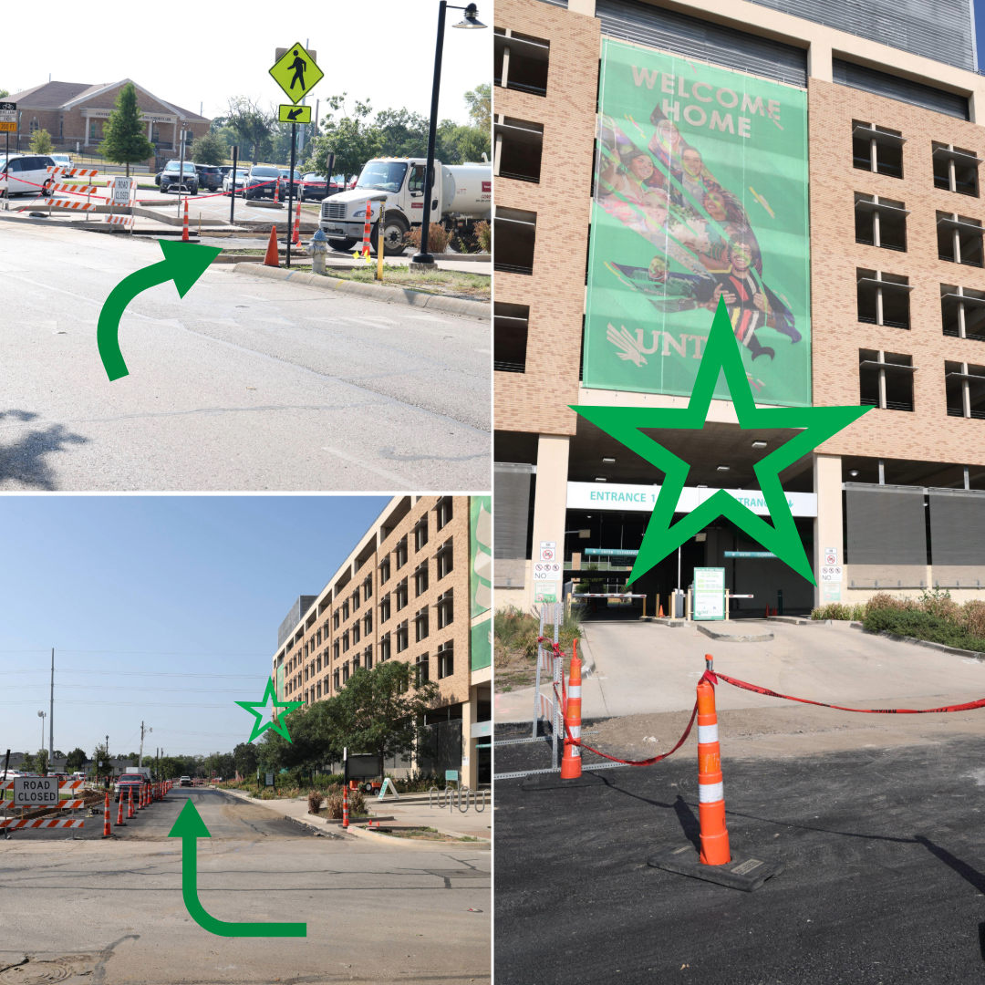 Three images in a collage showing Central Avenue and Highland Street Parking Garage with construction cones in front. First image: arrow points right off of Highland Street onto Central Ave. Second image: Arrow points down Central Ave, with a star over the 2nd entrance of Highland Street Parking Garage. Third image: star over the correct Highland Street Parking Garage entrance.