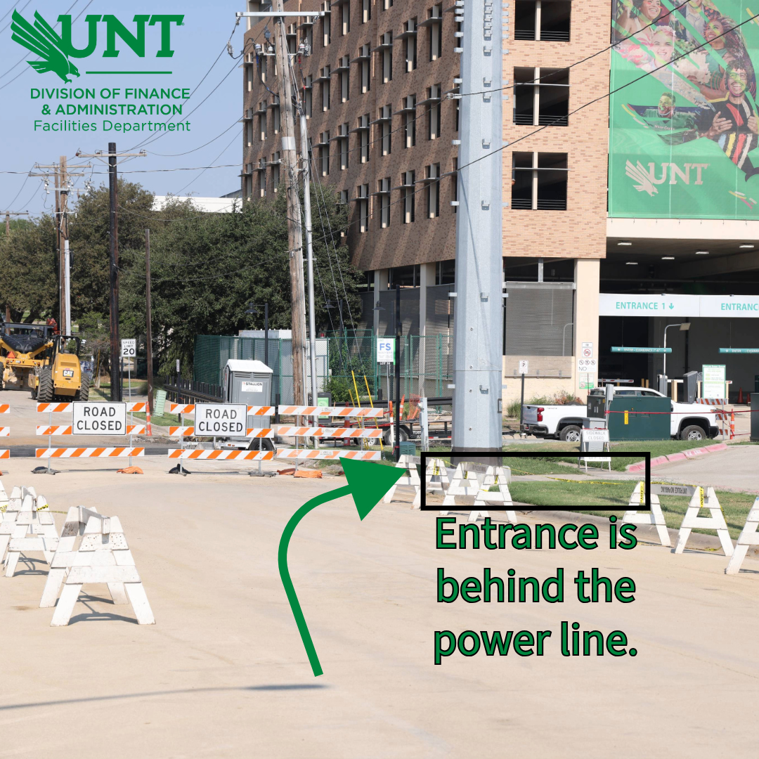 Image showing a road with "Road Closure" barriers at the end with Highland Street Parking Garage behind it. Lot 36 is on the right, and a green arrow indicates the turn in point in front of the barriers. There is text that reads, "Entrance is behind the power line."