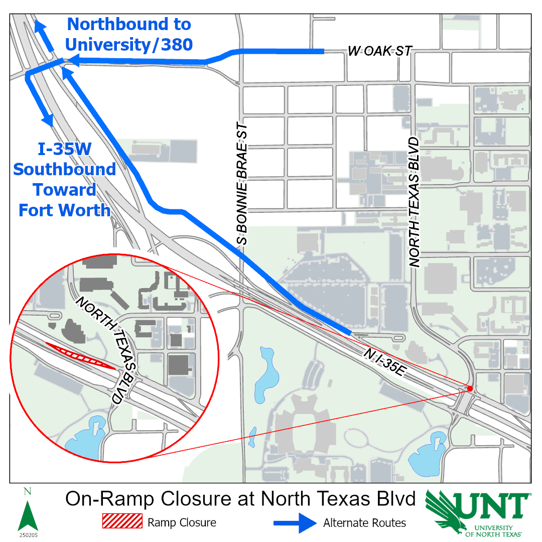 Map showing the north bound on ramp off North Texas Boulevard is permanently closed