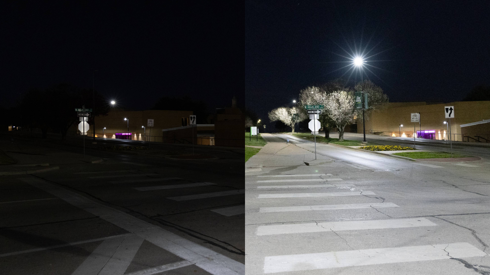 Before and after lighting upgrades showing the intersection of Highland Street and Avenue C, with the after photo being substantially brighter