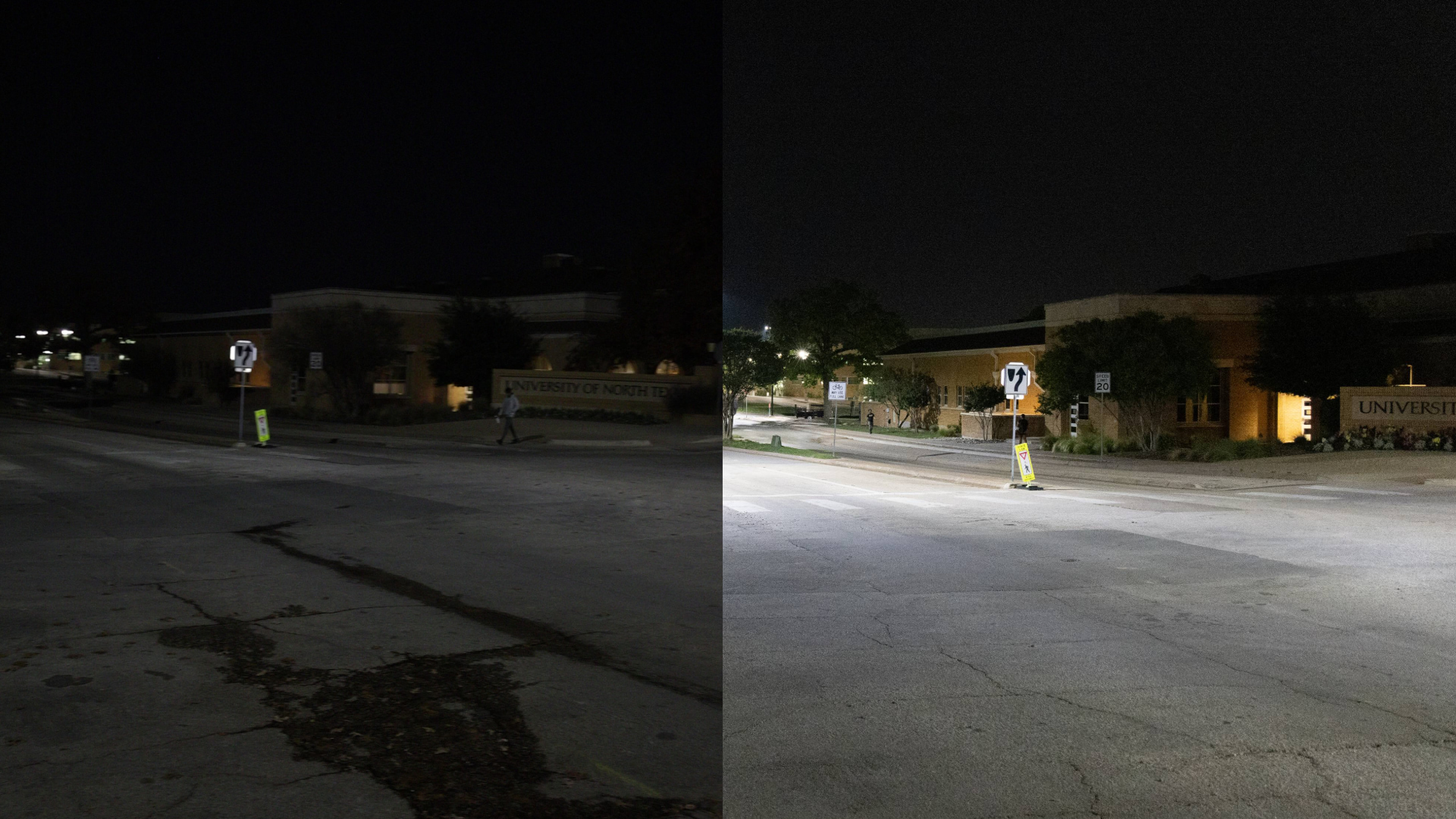 Side by side comparison of Chestnut and Avenue C intersection, the before is much darker and the after is very light.