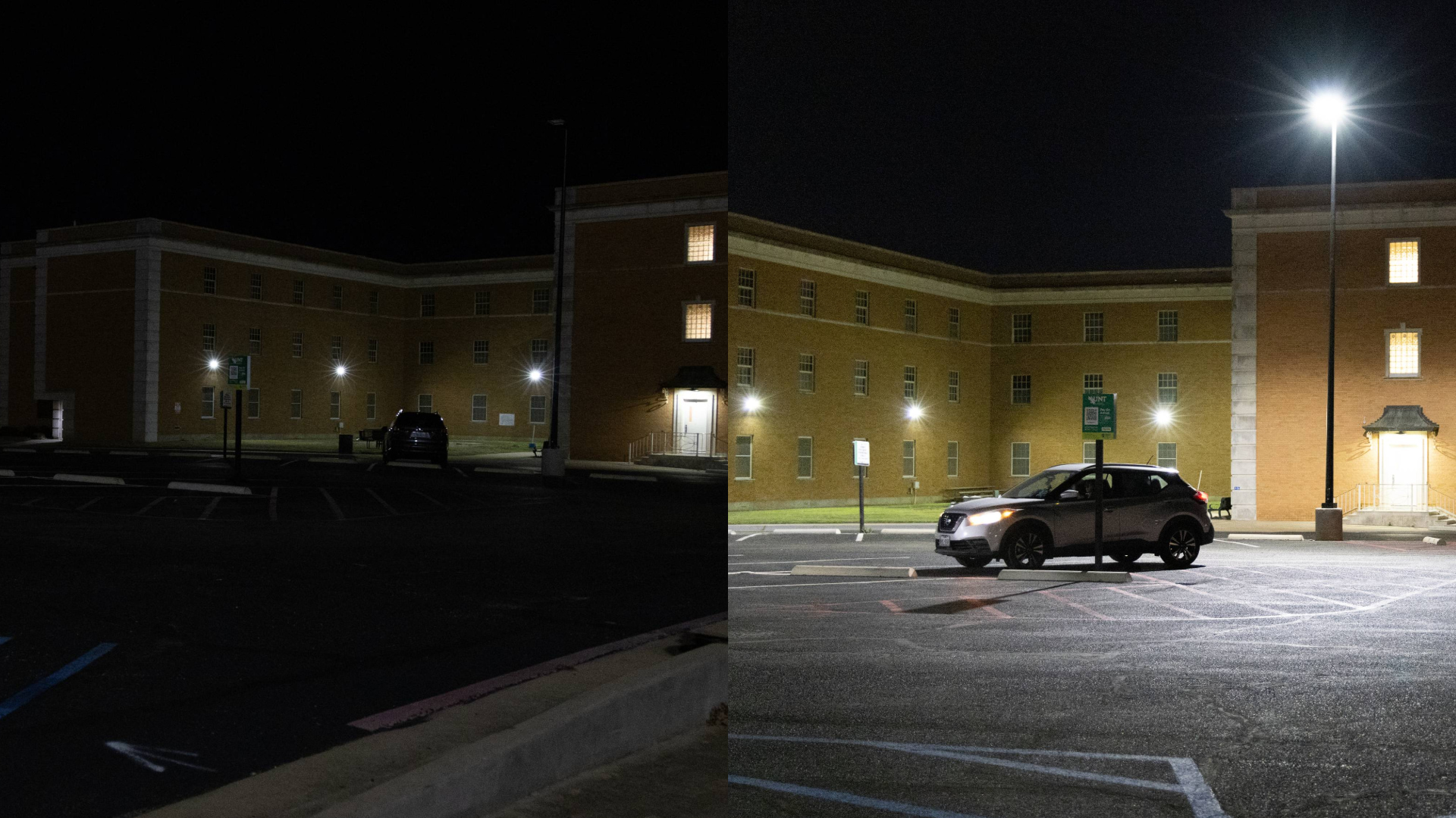 Side by side comparison of McConnell Hall's parking lot, the before is much darker and the after is very light.