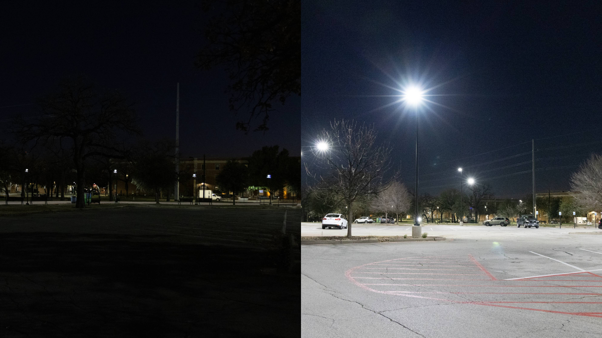 Side by side comparison of the Coliseum's parking lot, the before is much darker and the after is very light.