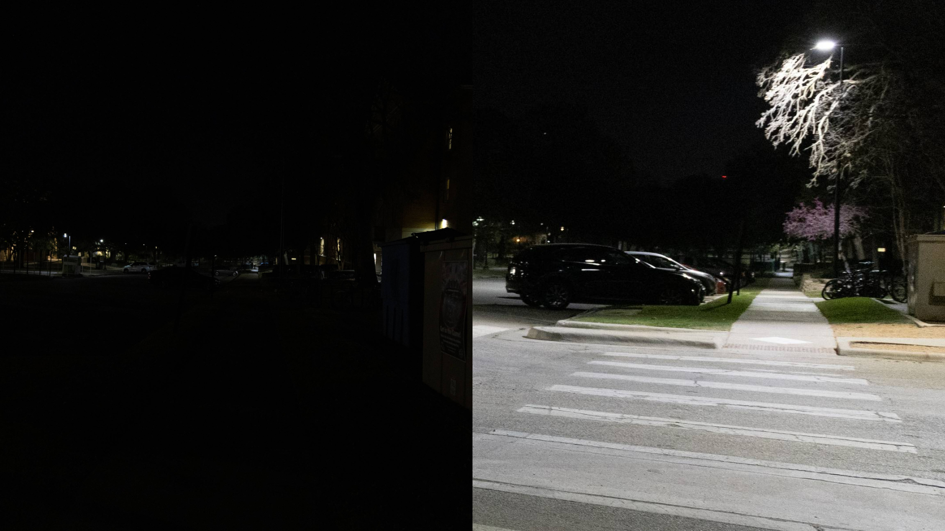 A side by side comparison of the intersection at Sycamore Street and Avenue C, the before photo is very dark and the after photo is very bright