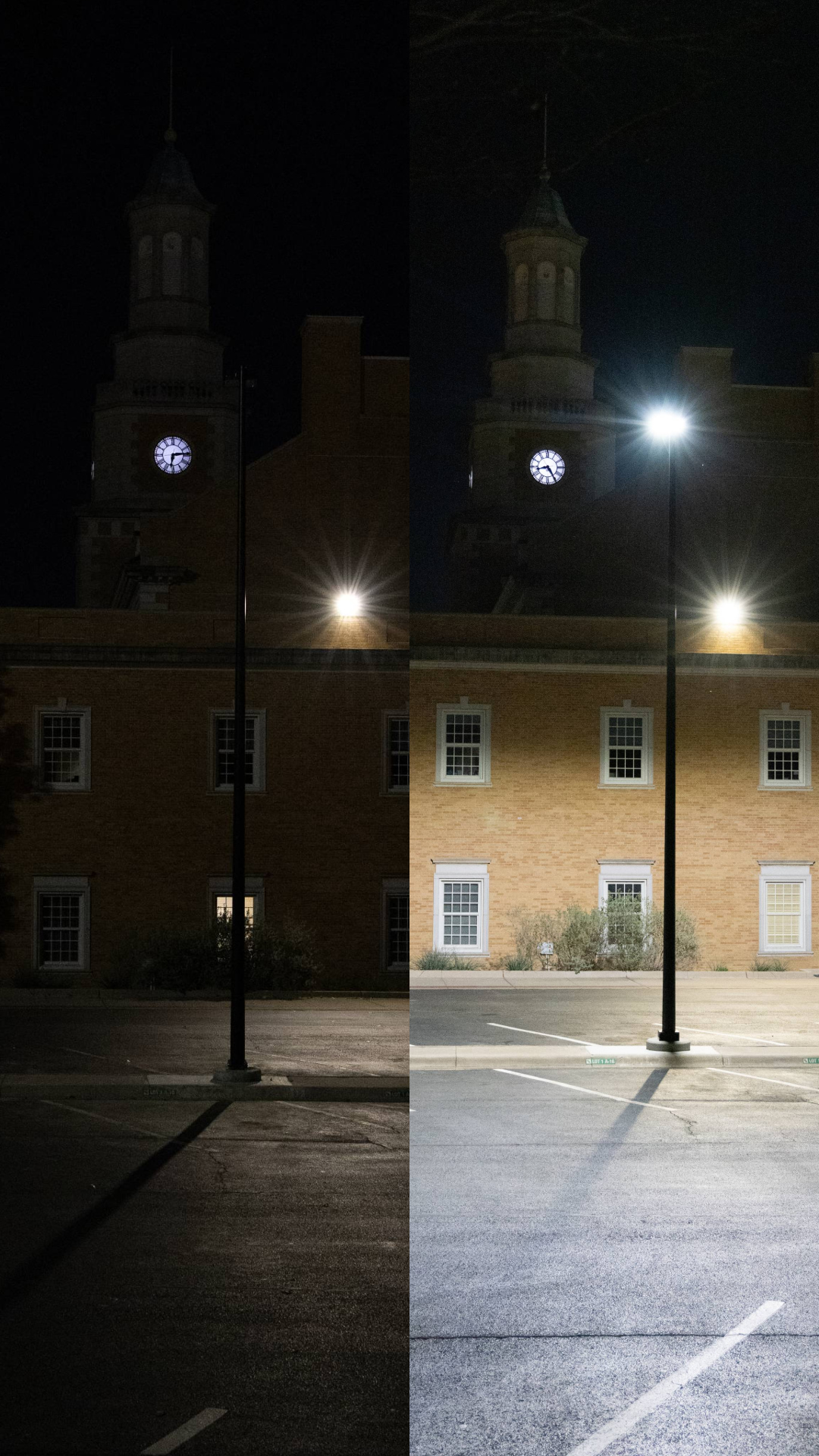 Side by side comparison of Hurley's parking lot, the before is much darker and the after is very light.