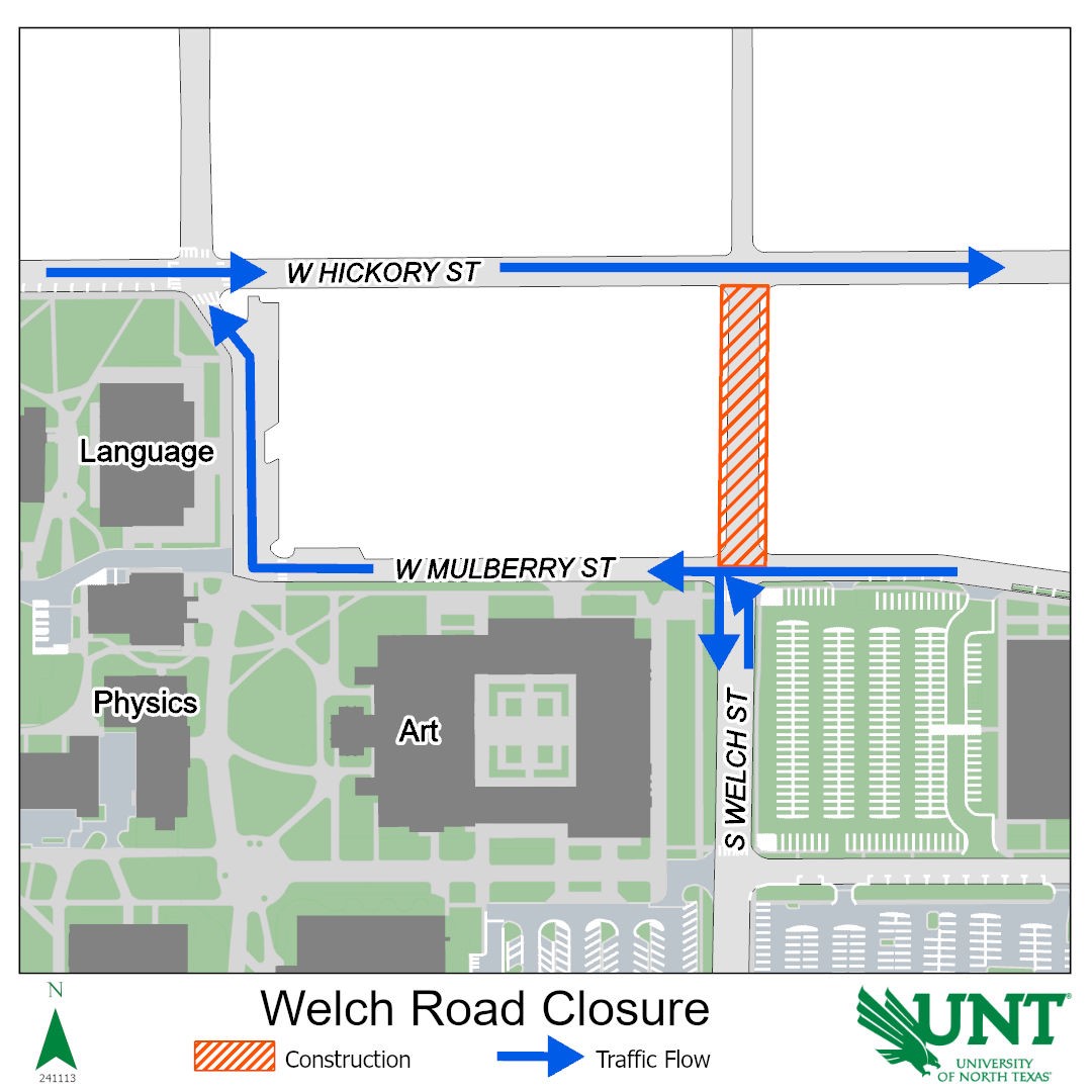 Map that shows the portion of Welch Street between Mulberry Street and Hickory Street will be closed during construction. The north crosswalk at Hickory/Welch is open for pedestrians, and the south crosswalk at Mulberry/Welch is open for pedestrians.