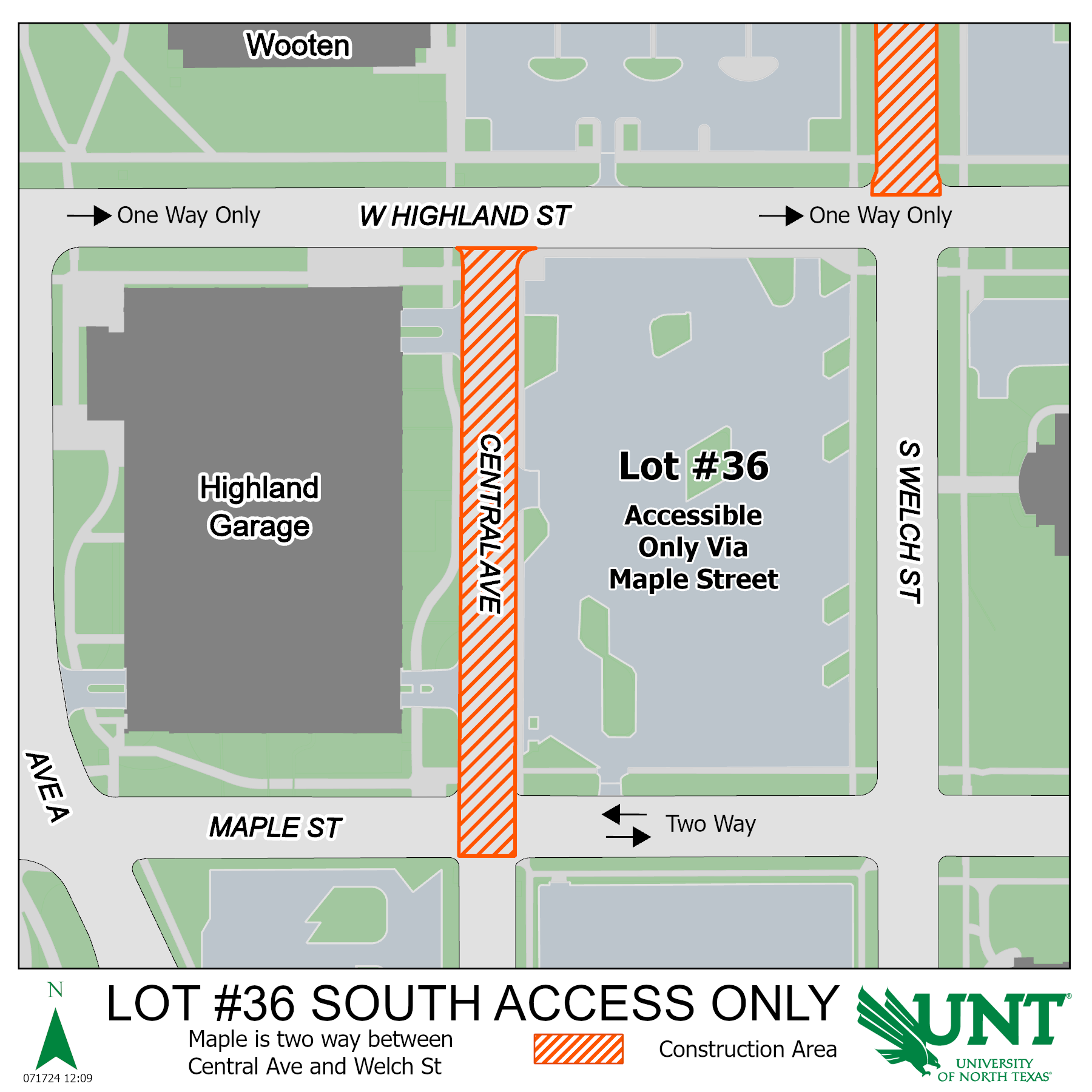 Map showing Central Avenue is under construction. Arrow on Highland Street points south onto Central Ave, indicating it is accessible to traffic, and a star indicates that the 2nd entrance to Highland Street Parking Garage is open for use. An arrow on the south end of Lot 36 indicates that the entrance is open.