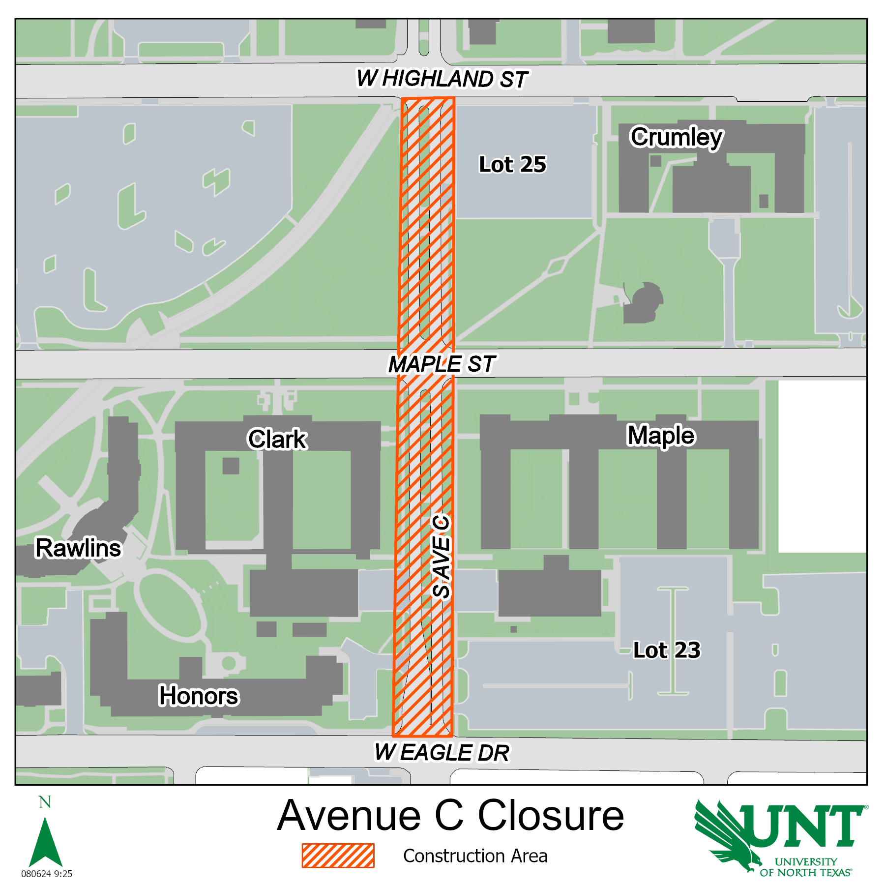 Map showing full road closure of Avenue C from W Highland Street to W Eagle Drive. Crosswalks at Ave C and Maple Street are closed, while crosswalks across Ave C at Highland St and Eagle Dr are open.