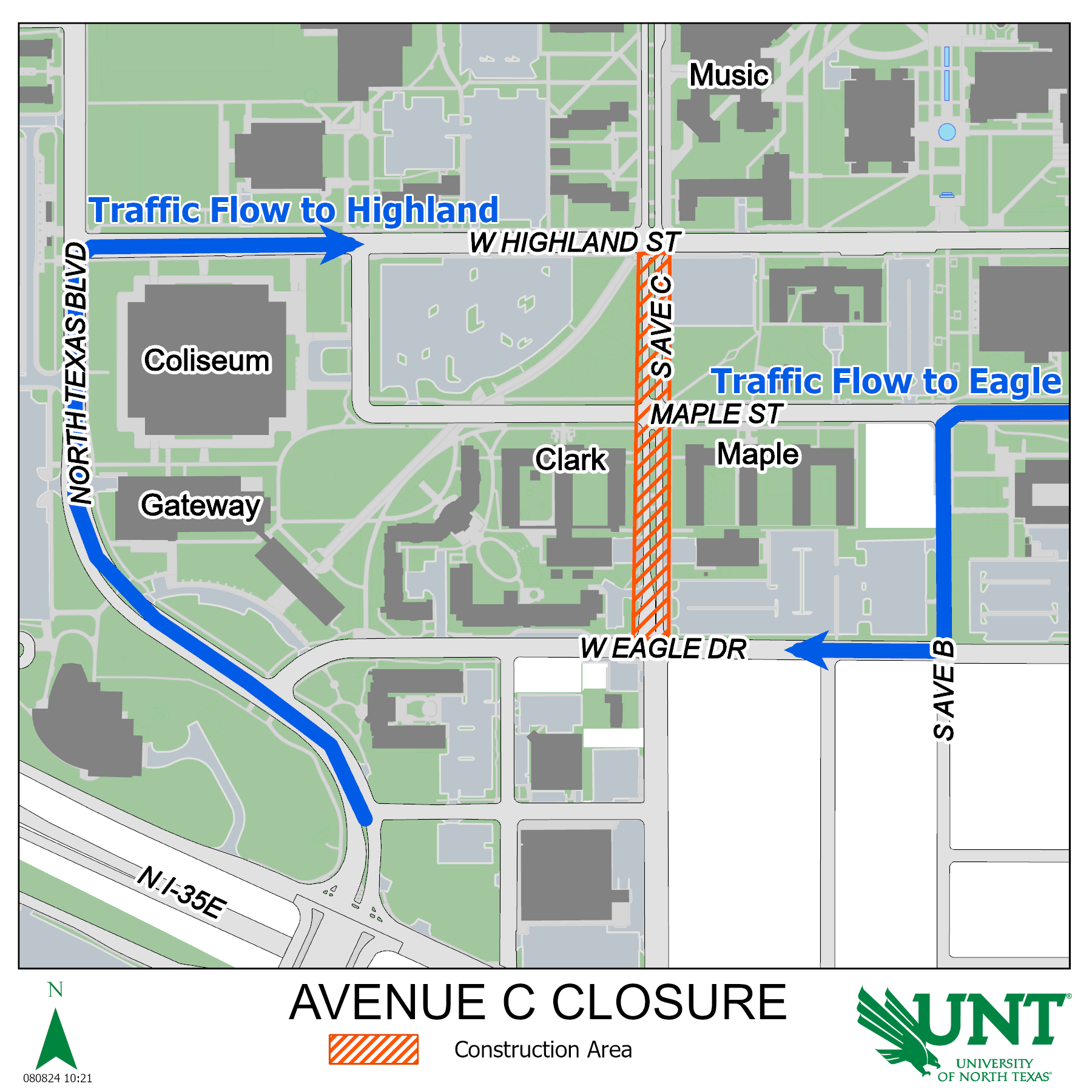 Map showing Avenue C will be closed for construction between W Eagle Drive and W Highland Street. Crosswalks running east/west on Maple Street are closed; pedestrians must use the open crosswalks across Highland St or Eagle Dr. Blue arrow indicates traffic on Maple St must turn onto Avenue B. Blue arrow indicates traffic must access Highland St by turning right off North Texas Boulevard.