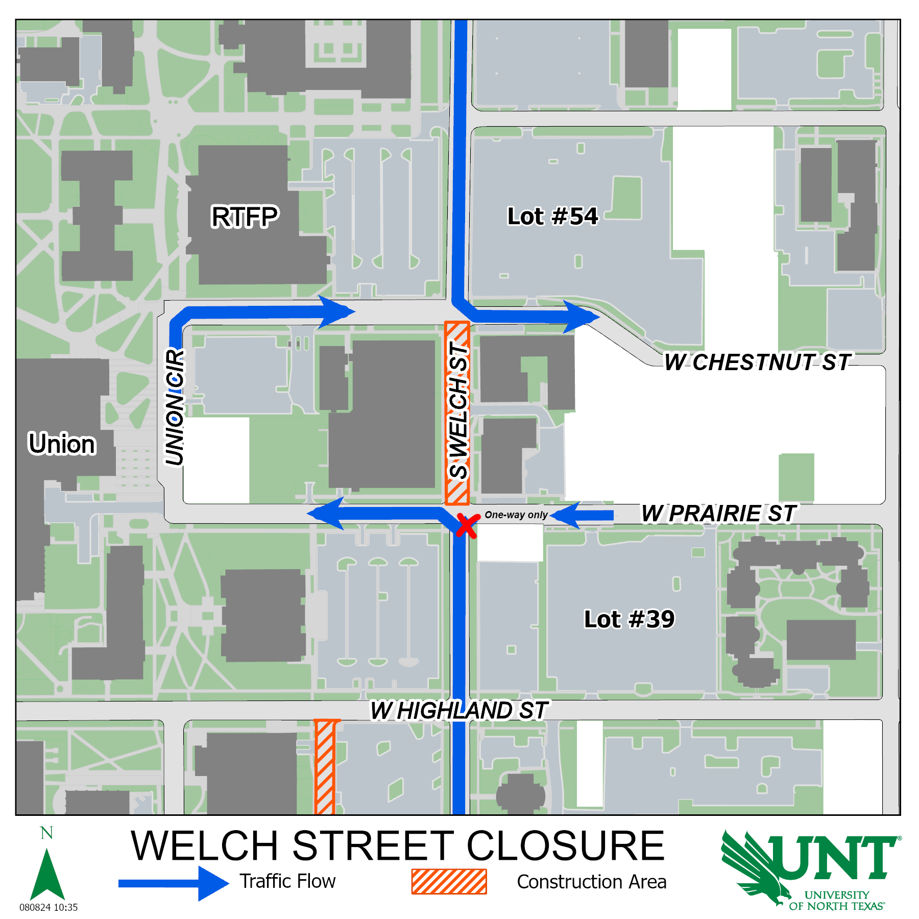 Map that shows the portion of Welch Street between Chestnut Street and Prairie Street will be closed during construction. Blue arrows indicate north bound traffic will have to turn either left onto Union Circle or right onto Prairie Street due to the closure. A blue arrow indicates south bound traffic will have to turn left onto Chestnut Street due to the closure. The crosswalks adjacent to the construction site are closed; the crosswalks parallel are open for use.