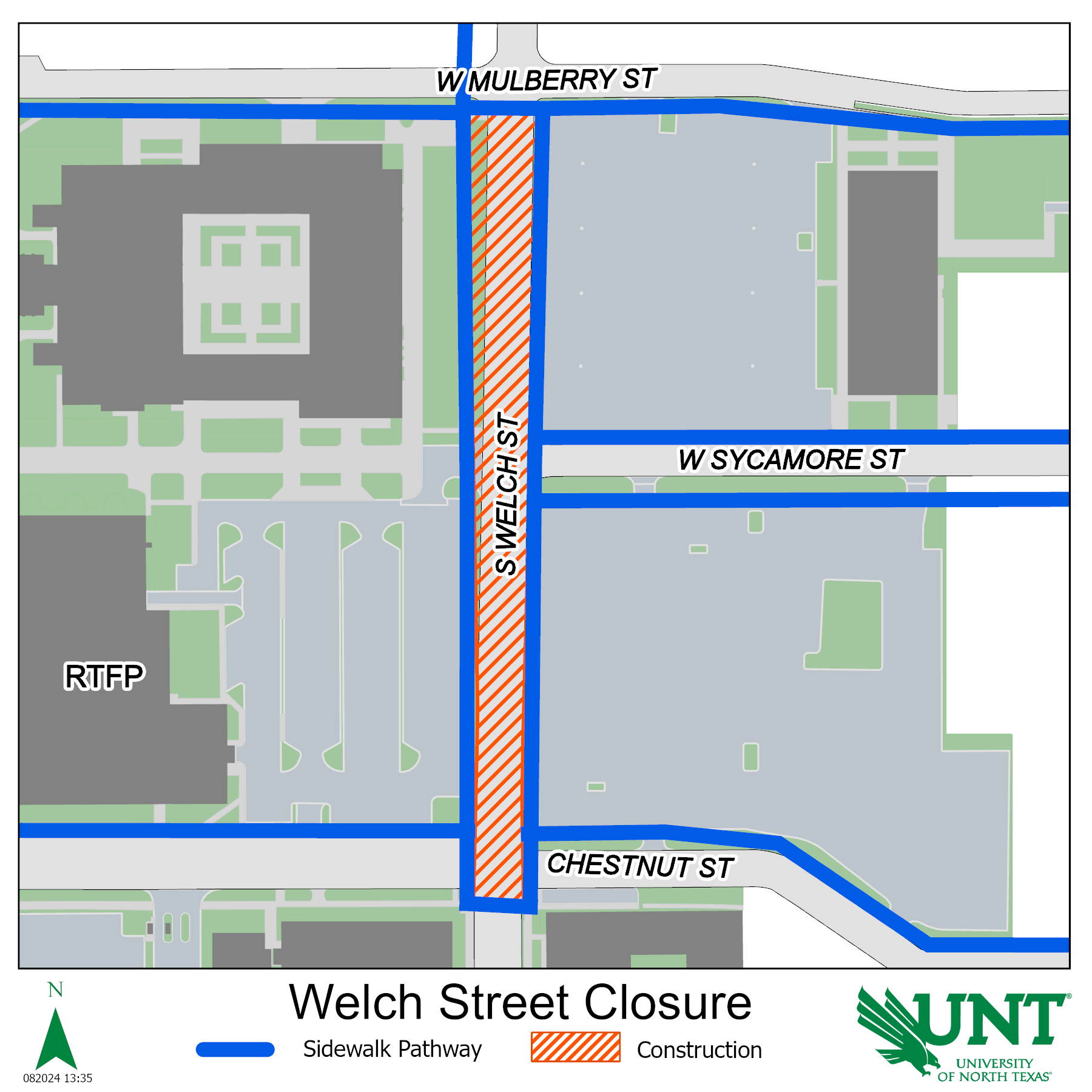 Map showing sidewalks running along the Welch construction zone will remain open. The south crosswalk at the Mulberry and Welch intersection will remain open. The north crosswalk at Chestnut and Welch will be closed, but the south crosswalk will remain open.