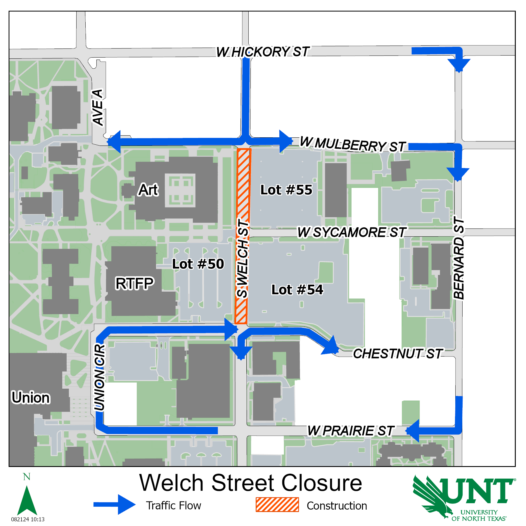 Map that shows the portion of Welch Street between Mulberry Street and Chestnut Street will be closed during construction. Blue arrows indicate traffic on Union Circle cannot turn left onto Welch. Blue arrows indicate south bound traffic will have to turn right or left at the Mulberry and Welch intersection.