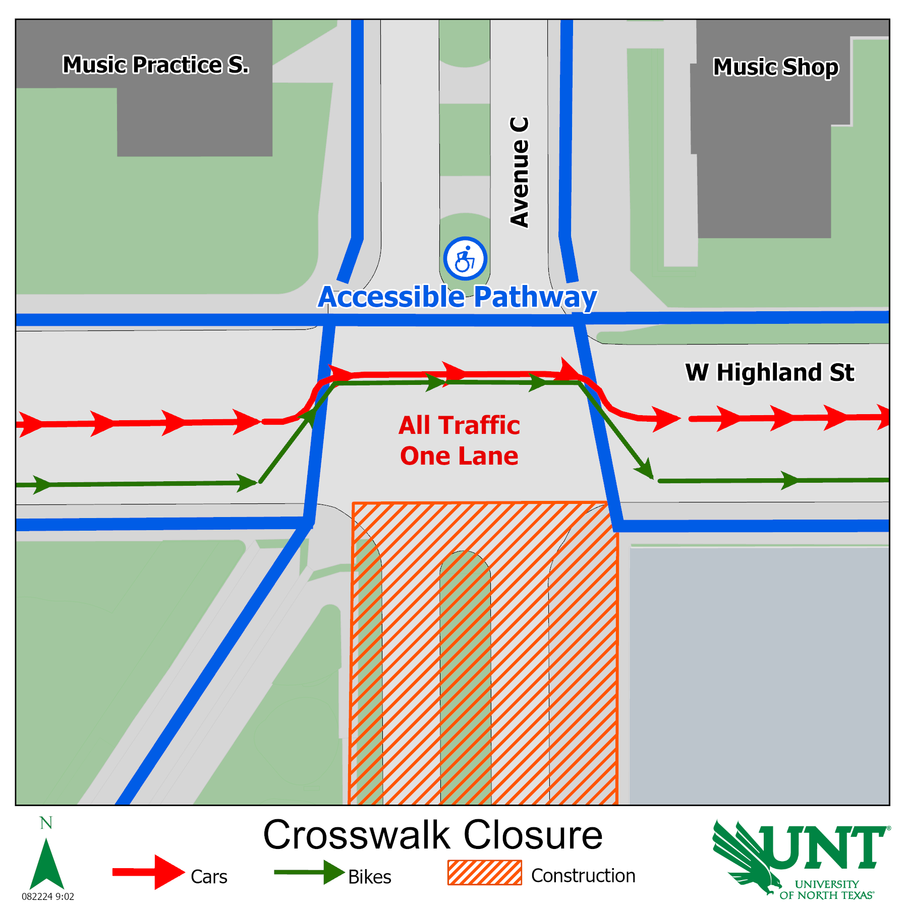 Map indicating all crosswalks except the south crosswalk at the Highland Street and Avenue C intersection are accessible.