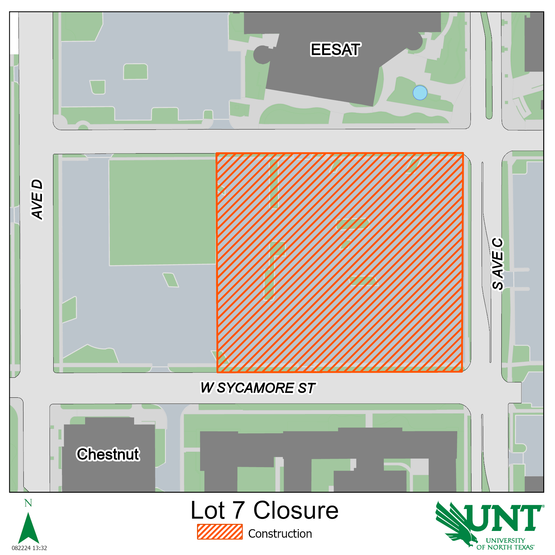 Map showing the eastern half of Lot 7 will be closed. The sidewalk along the south and north sides of the construction fencing will also be closed.