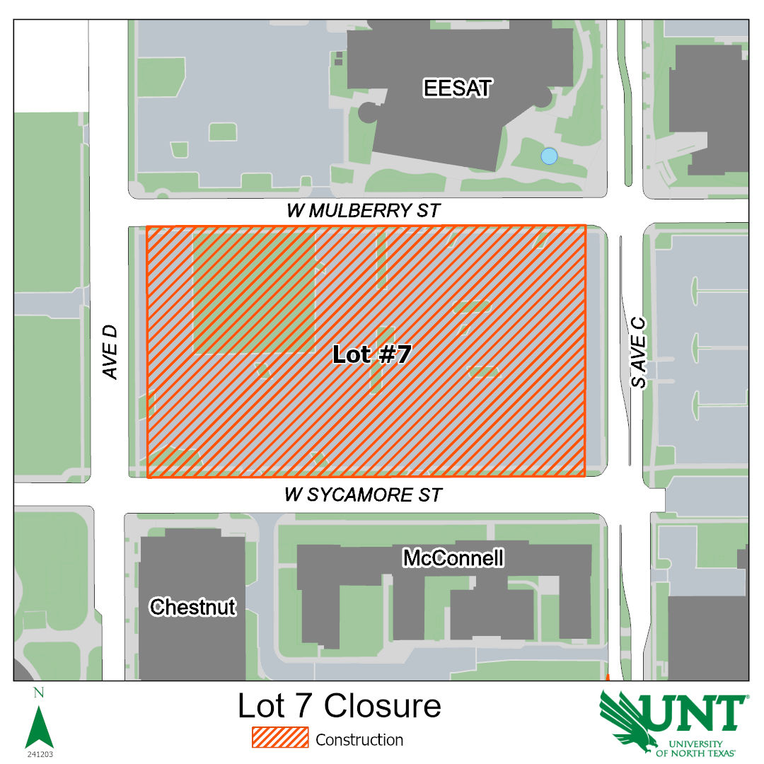 Map showing all of Lot 7 will be closed. Sidewalks will remain open on Avenue C and D (alongside the construction fencing), but sidewalks on West Sycamore and West Mulberry (alongside the construction fencing) will remain closed.