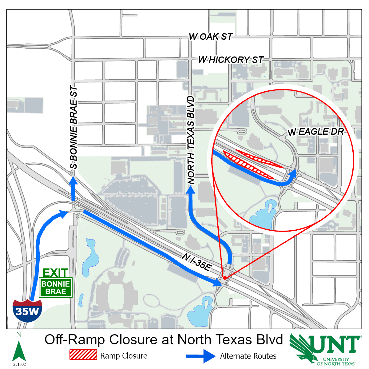 From I-35W, heading north. You will take Exit 84 "Bonnie Brae/FM 1515" which intersects Bonnie Brae Street and is currently open. At Bonnie Brae - go straight to get onto the frontage road and enter UNT via North Texas Boulevard - OR - go left to follow Bonnie Brae to enter UNT via Prairie or Hickory.