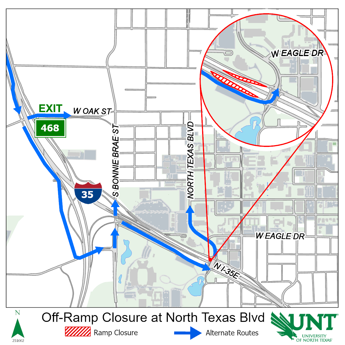 From I-35, heading south. You will take Exit 468 "Oak Street" to get on the frontage road. At Oak - go left to follow Hickory to campus - OR -  go straight to stay on the frontage road which intersects with Airport Road and then follow the same directions as above.