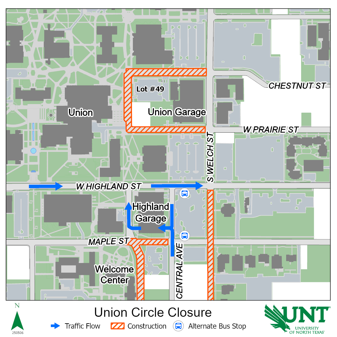 Map showing Union Circle will be fully closed, including adjacent sidewalks. Ave A between Maple and Eagle is also closed including the intersection and portion of Maple between Ave A and Central Ave. Highland Street Parking Garage's exit must turn right onto Highland Street, which will remain open to traffic flow.