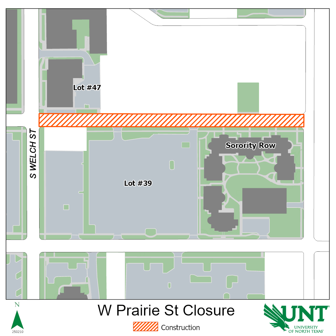 Map showing West Prairie Street (from Welch Street to Bernard Street) will be closed