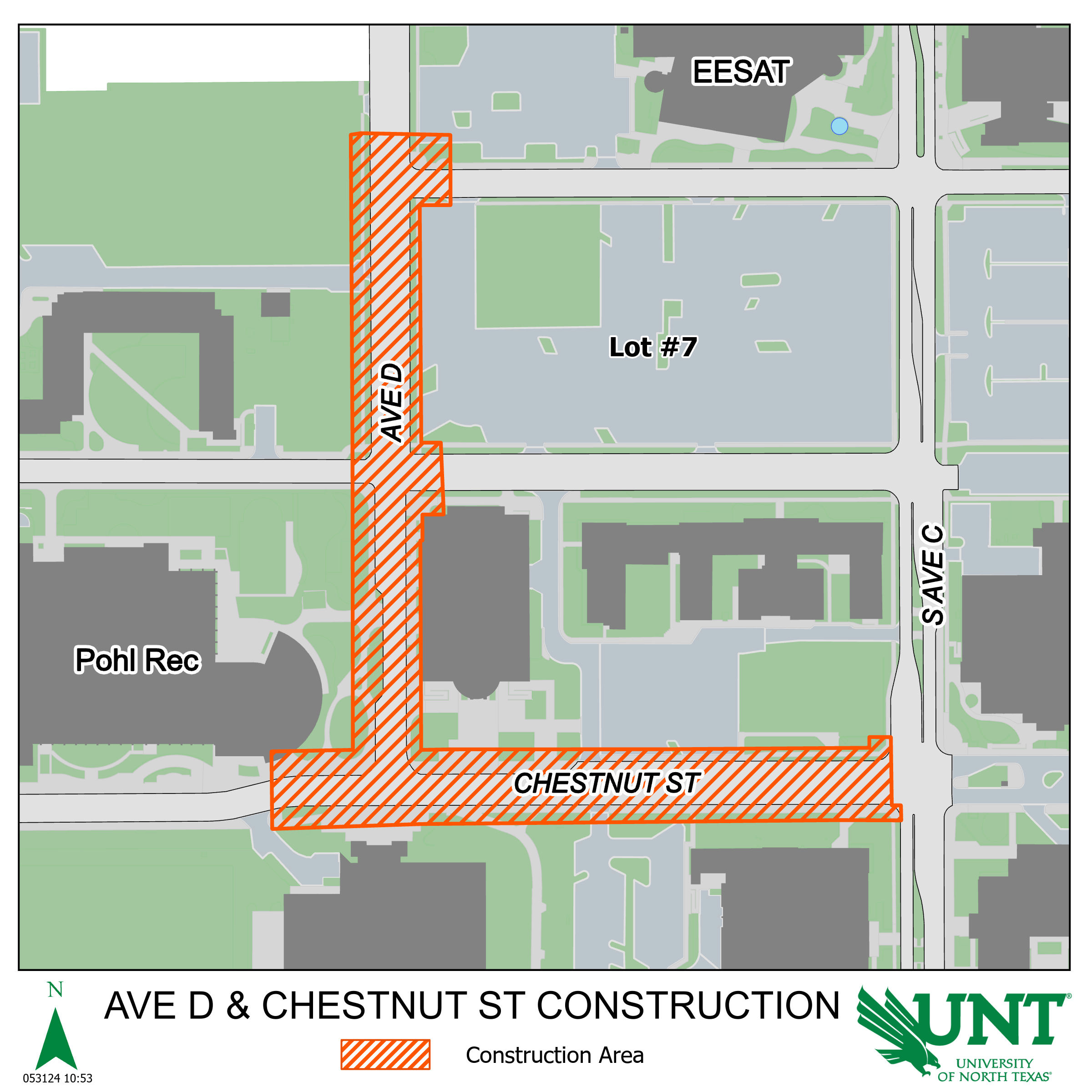 Map showing road and sidewalk closures. Ave D is closed from Mulberry St to Chestnut St. Chestnut St is closed from Ave C to Pohl Rec. All adjacent crosswalks are closed.