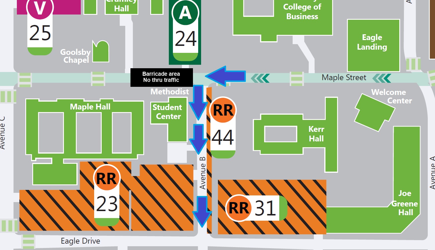 map snippet showing barricade and re-routes for Maple Street