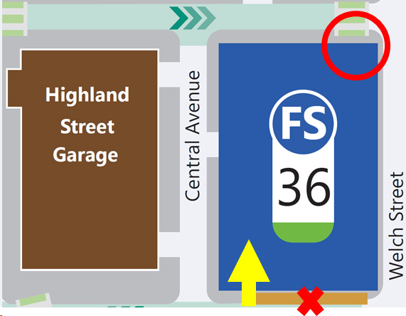 snippet of a map showing vehicle and pedestrian entry points