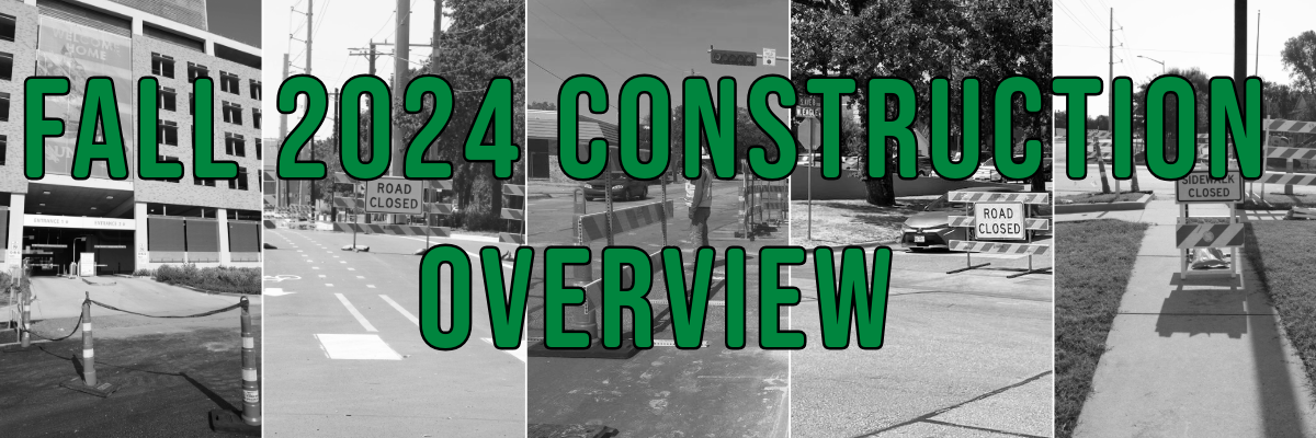 Collage of construction on UNT's campus with overlaid text that reads, "FALL 2024 CONSTRUCTION OVERVIEW"