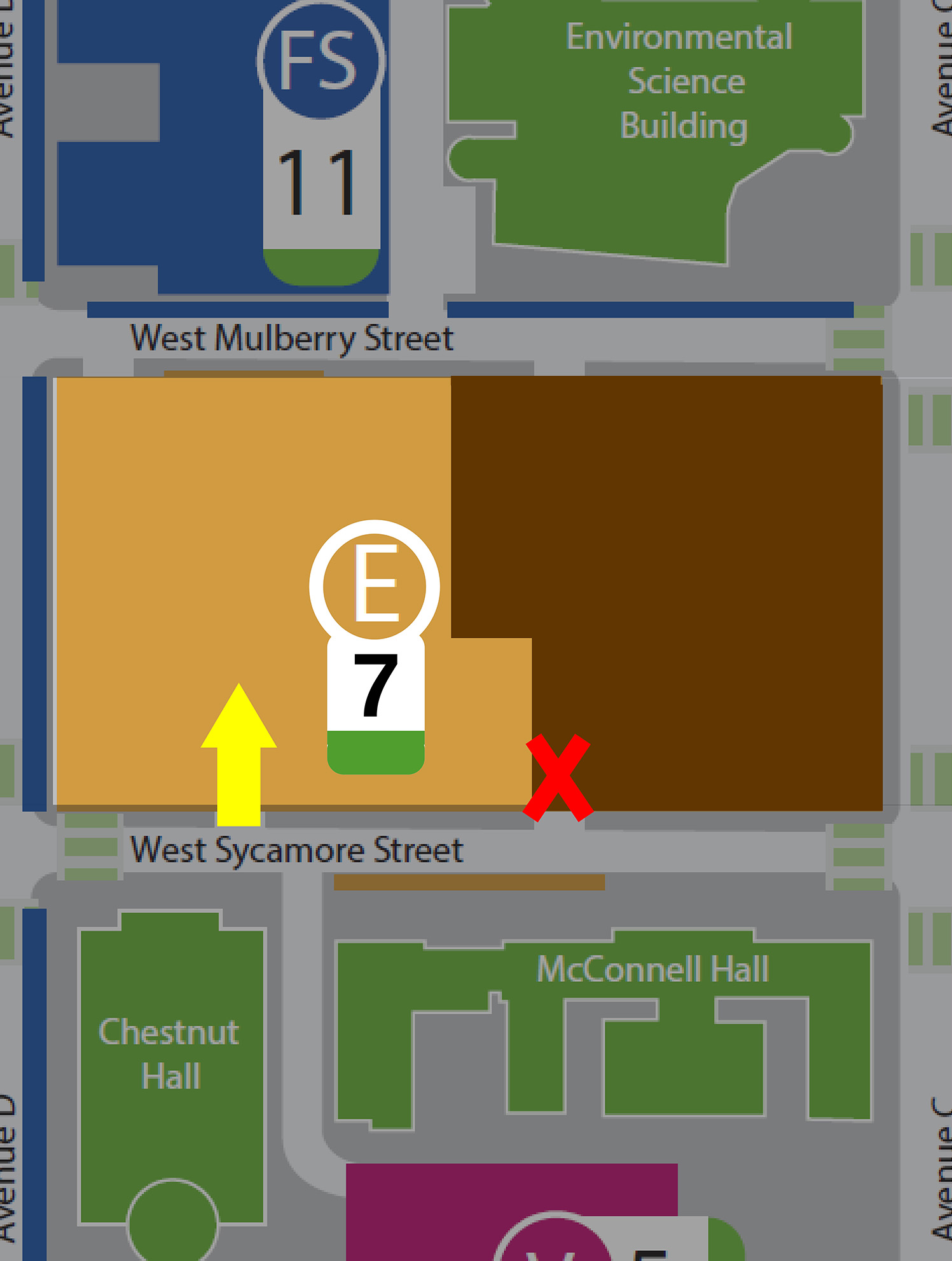 Map showmap snippet showing areas of Lot 7 that will be closed in September or soon thereaftering Maple Street closure on the South side, crosswalks are open at Avenue A and Avenue C