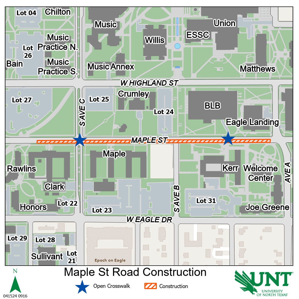 Map showing Maple Street closure on the South side, crosswalks are open at Avenue A and Avenue C