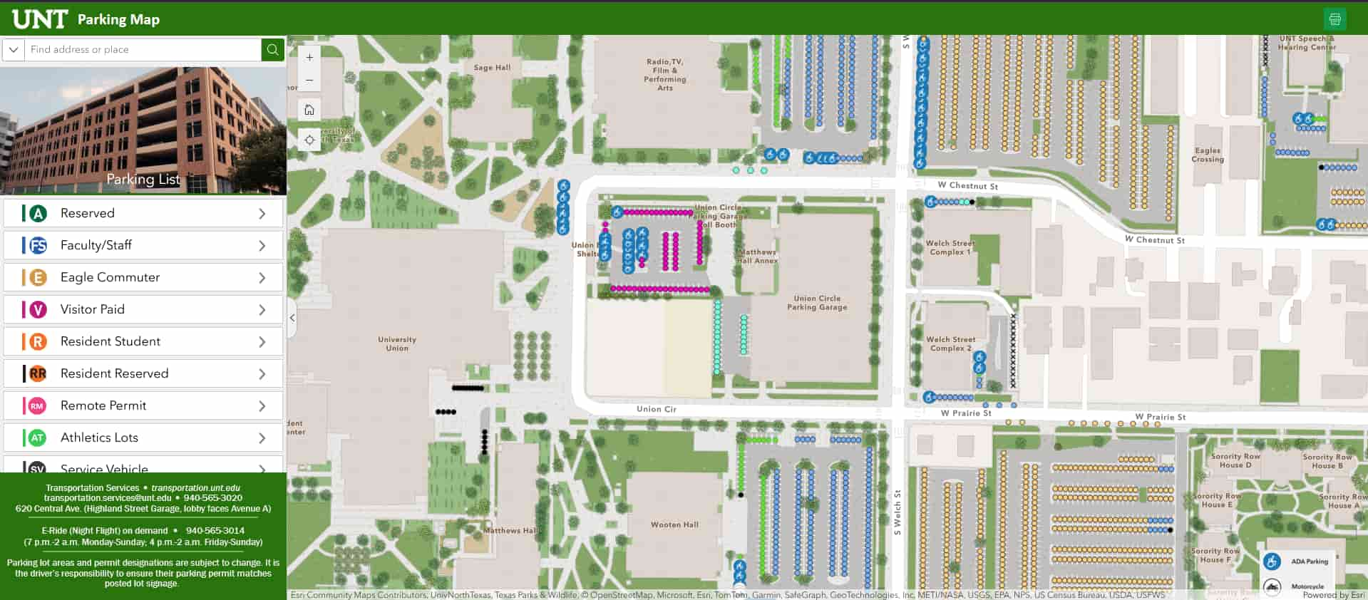 UNT's Parking map screenshot, showing all of our parking lots and their correlated labels that our map program has