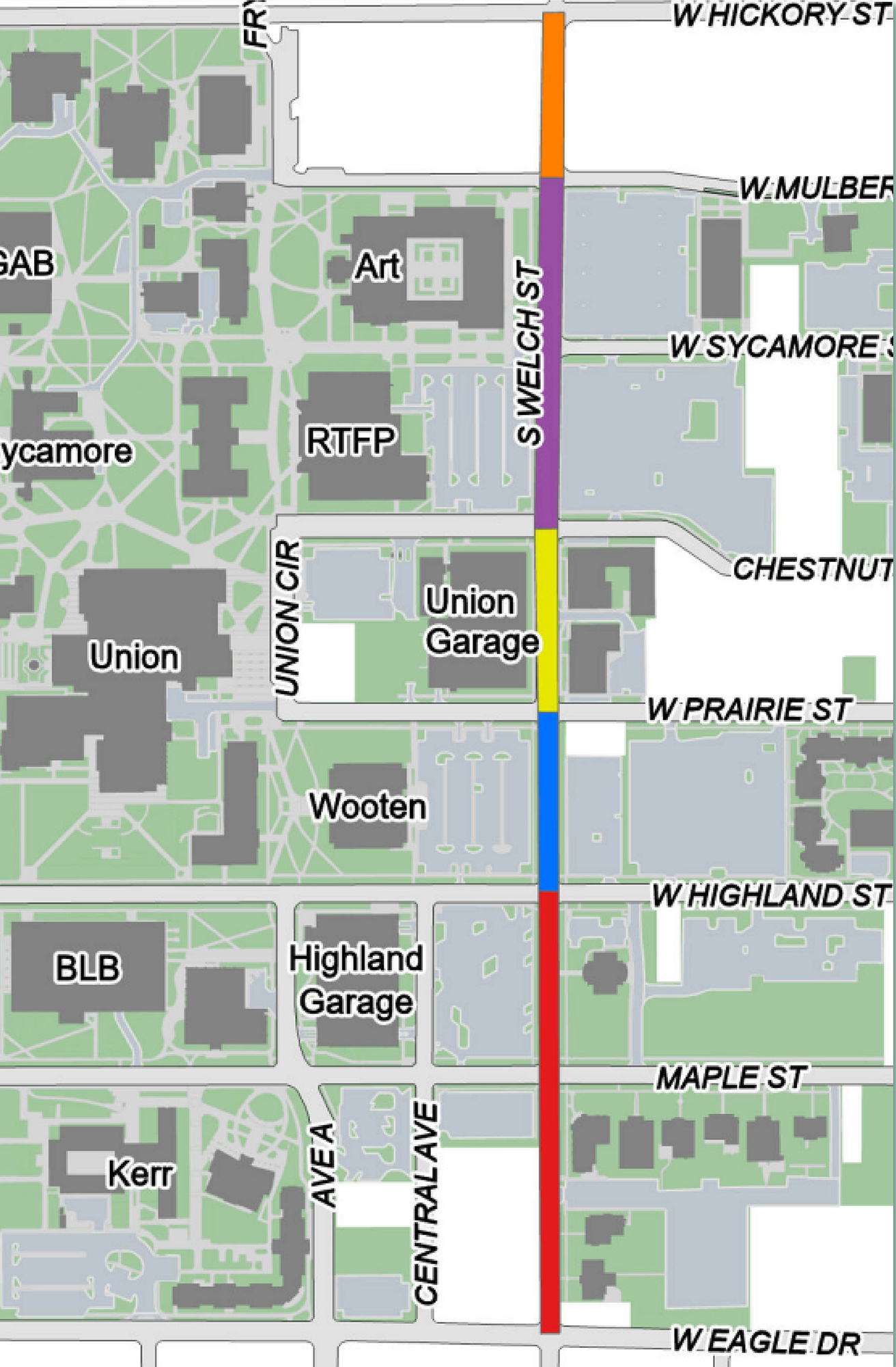 map showing sections where work will be done along Welch Street