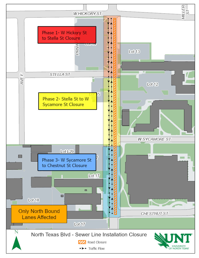 Map depicting closure of the east portion of North TX Blvd. One-lane traffic in both directions will be on the west side of North TX Blvd. Closures are in phases: from Hickory St to Stella St, then Stella St to Sycamore St, finally Sycamore St to Chestnut St